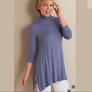 Soft Surroundings Periwinkle Blue Tunic M Asymmetric Hem Ruched Turtleneck Artsy